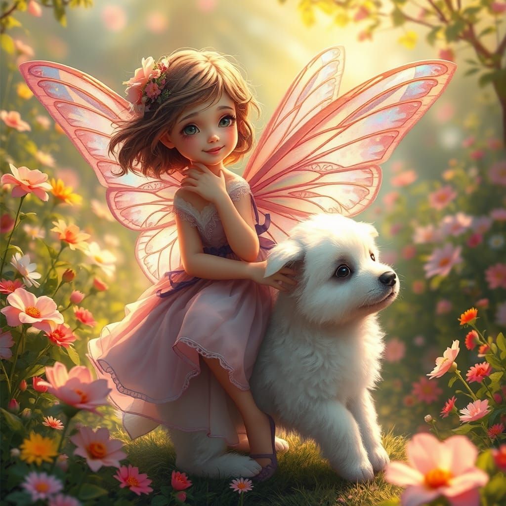 Winged Girl and Puppy in Whimsical Garden Art