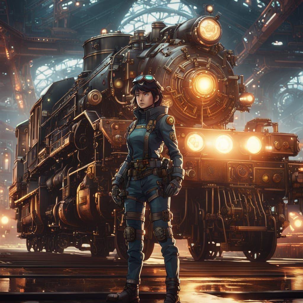 Steampunk Pilot and Locomotive Mecha in Anime Style
