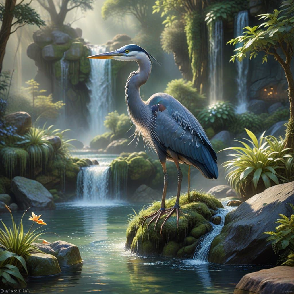 Blue Heron in Waterfall Pool: Photorealistic Fantasy