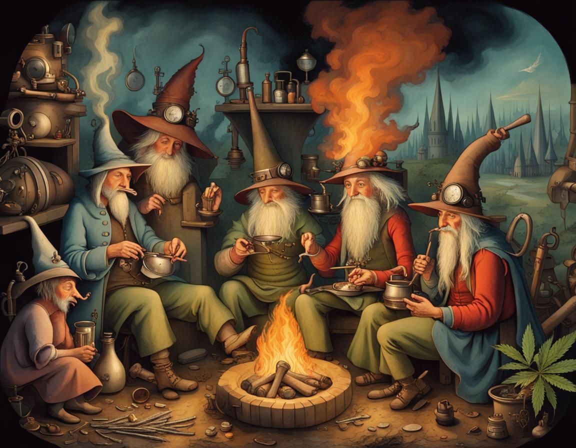 Wizards' Cannabis Celebration in Hieronymus Bosch Style