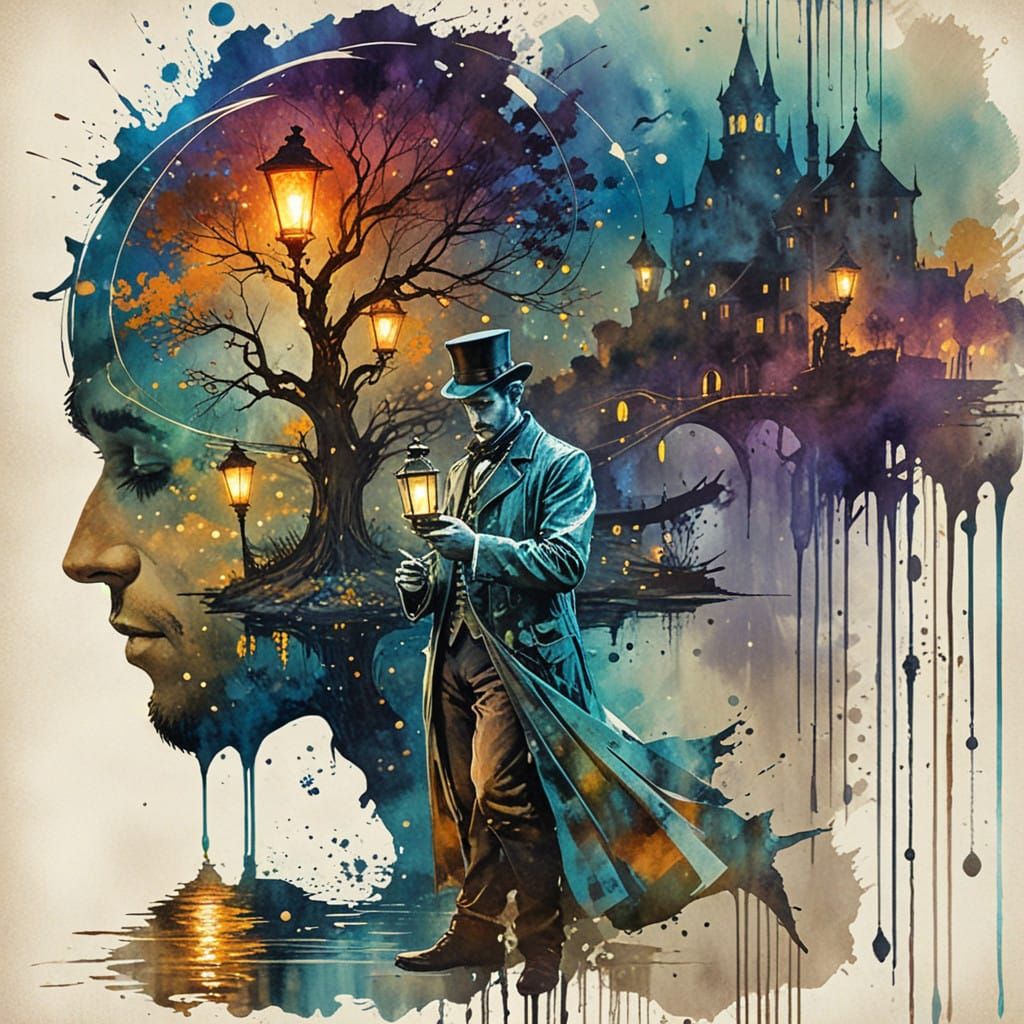 Steampunk Scene with Ink Stains and Lanterns