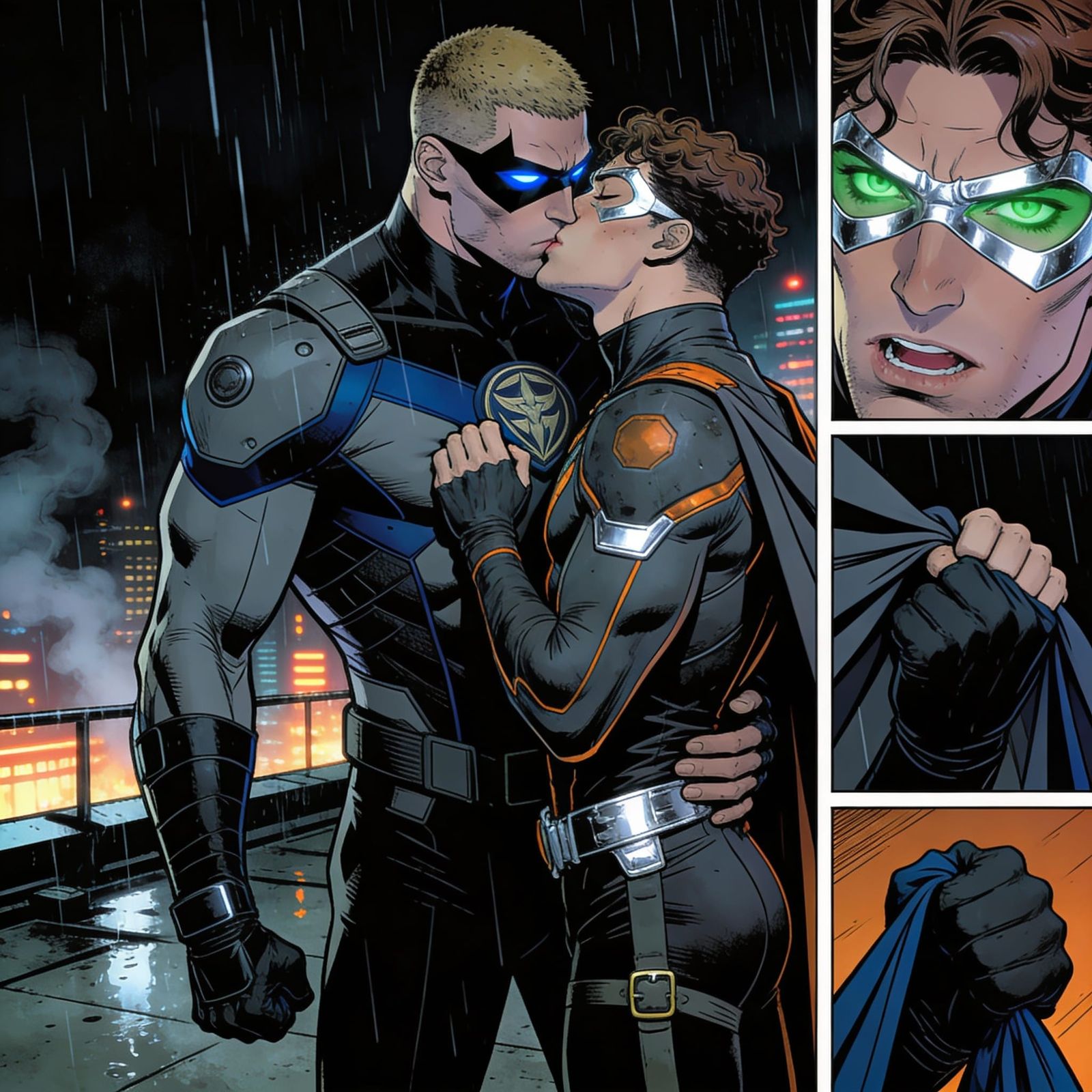 Noir Comic Heroes Share Intense Rooftop Kiss