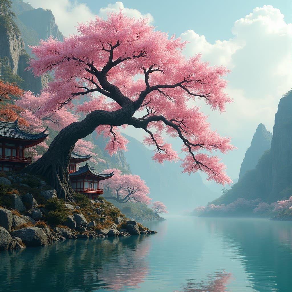 Sakura Tree by Lake with Japanese Temples