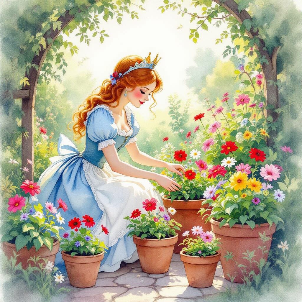 Whimsical Queen of Hearts Tending Her Watercolor Garden