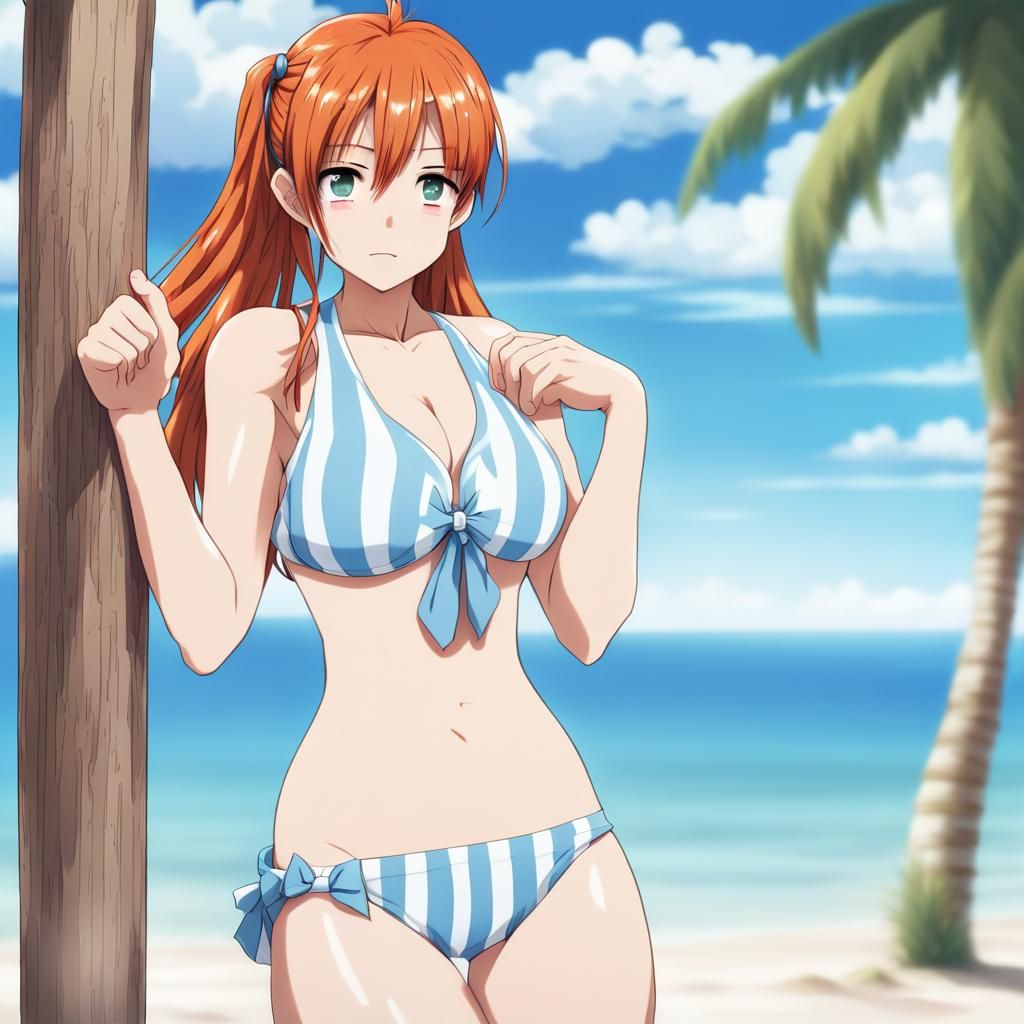 Anime Girl in Striped Bikini Winks Seductively