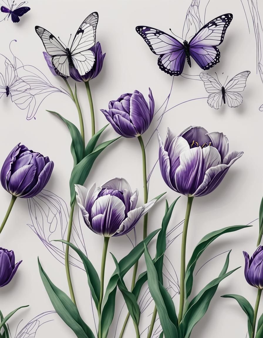 Minimalist Purple Tulips with Butterfly