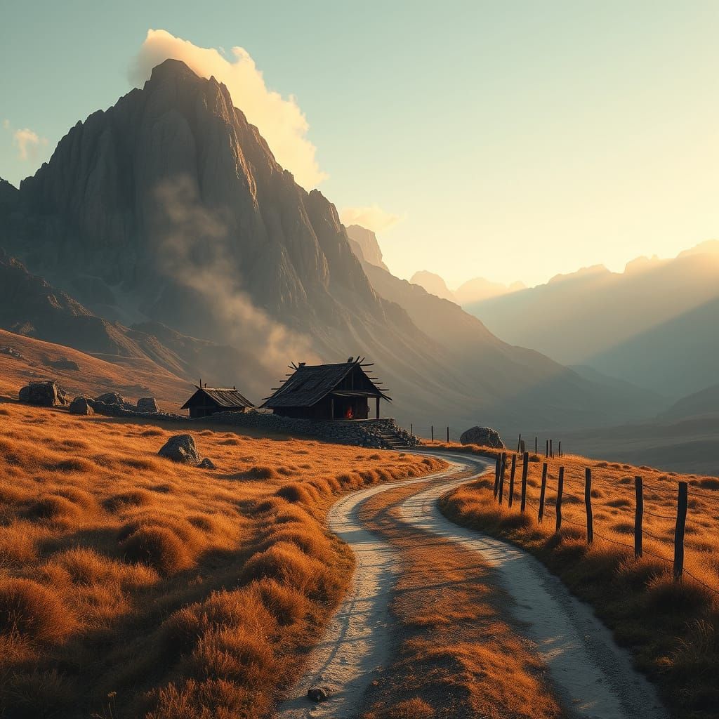Majestic Mountain Landscape with Burning Cottage and Weather...