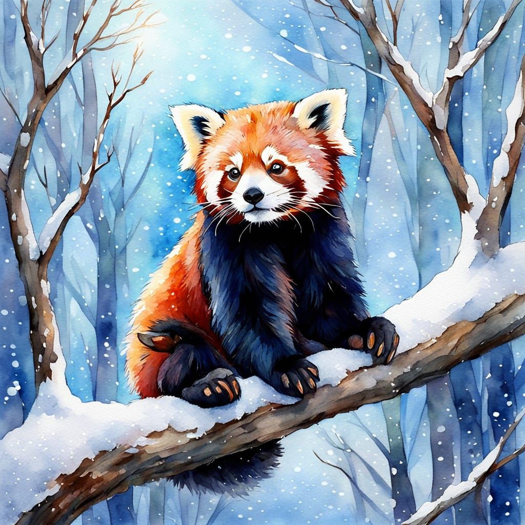 Red Panda in Snowy Forest Watercolor Painting