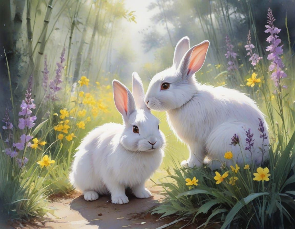 Rabbit Reunion in Sunlit Glade: Watercolor Pastel