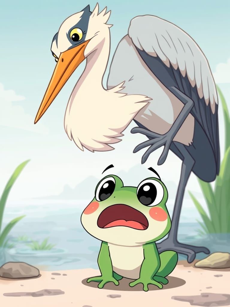 Surprised Chibi Frog and Looming Heron in Anime Style