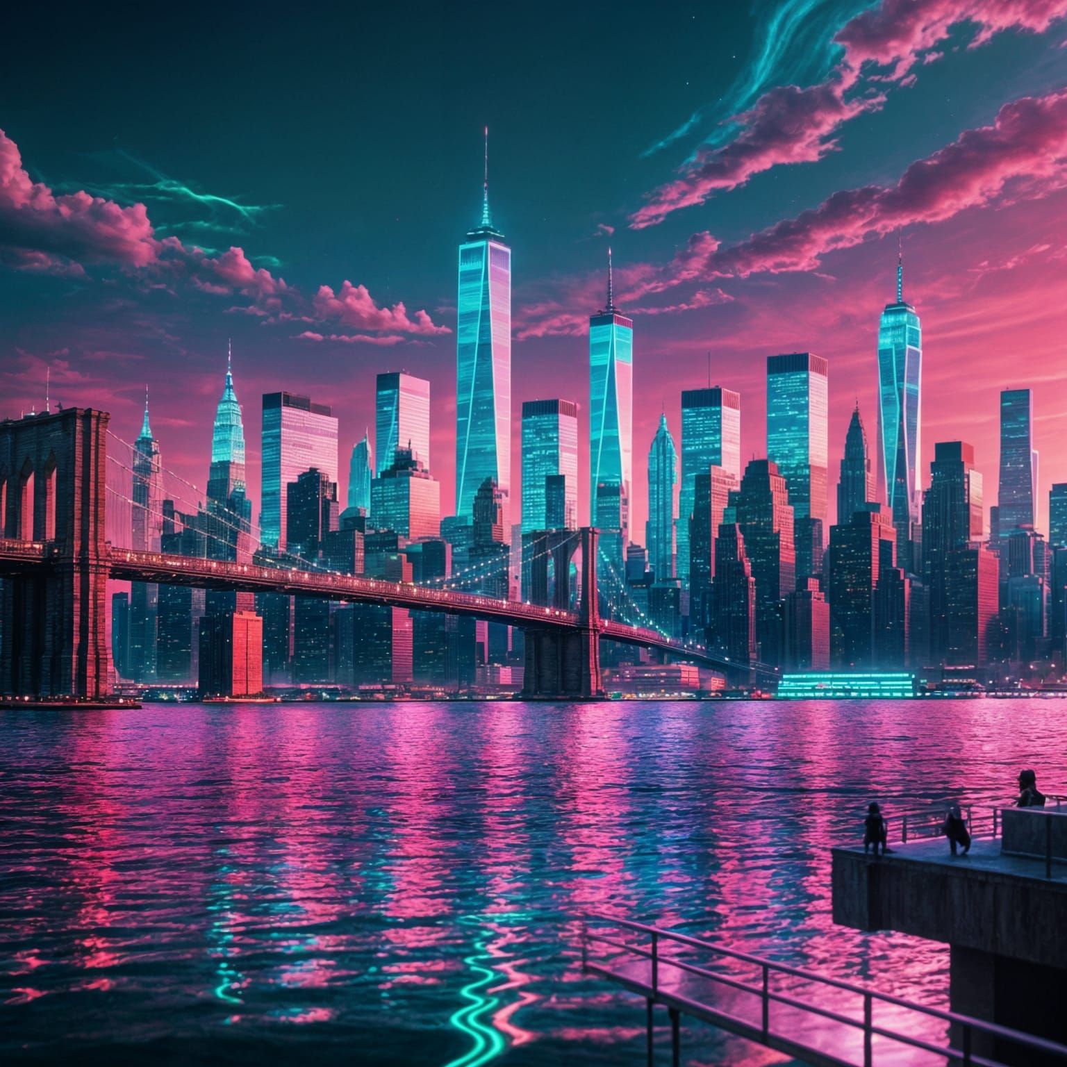 Neon Vaporwave New York Skyline at Sunset