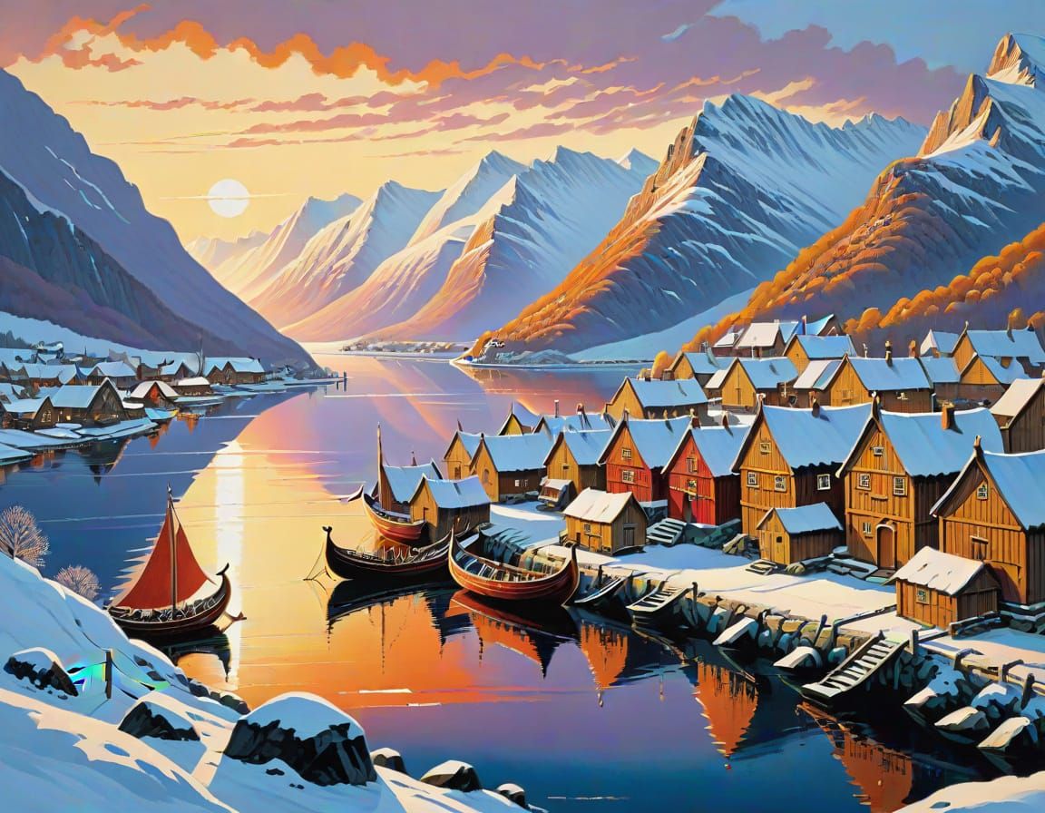 Viking Longships at Snowy Fjord: Gouache Painting