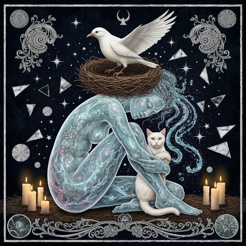 Surreal Bioluminescent Woman with Cat and Bird Nest