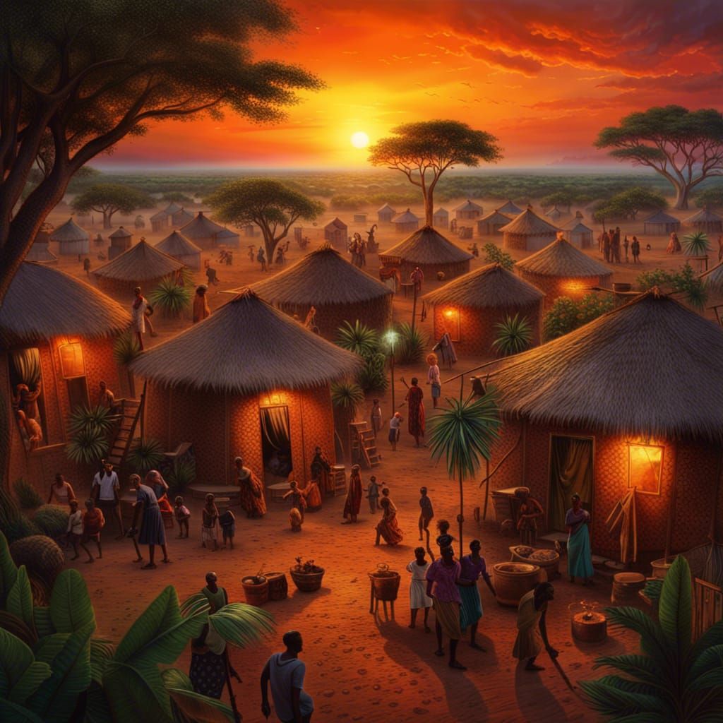 Colorful African Savannah Village at Sunset in Hyperrealism