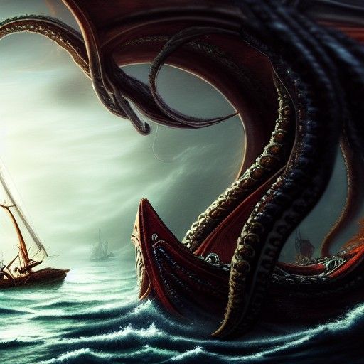 Giant Kraken Attacks Boat in Dark Ocean