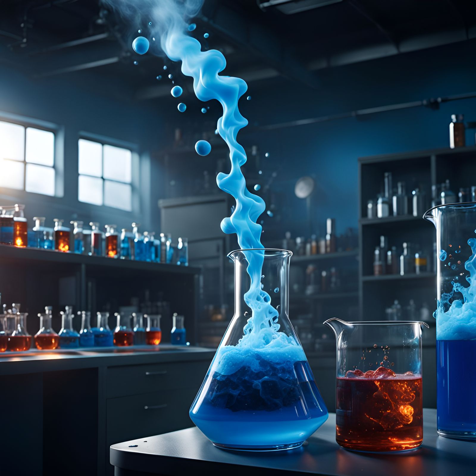 Beaker Erupts with Blue Liquid: Detailed Matte Painting
