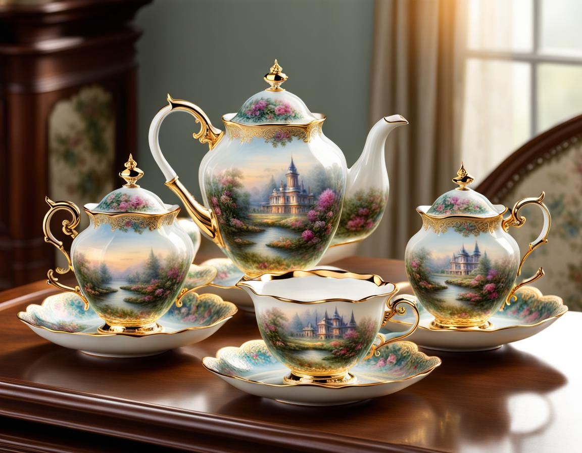 Elegant Tea Set with Floral Design in Ethereal Style