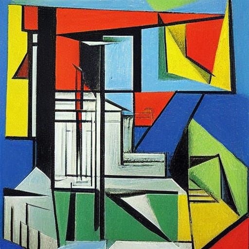 Vibrant Cubist Dog in Geometric Woodblock Style