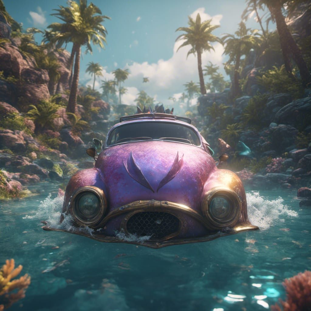 Mermaid Drives Fishbowl Car in 3D Style