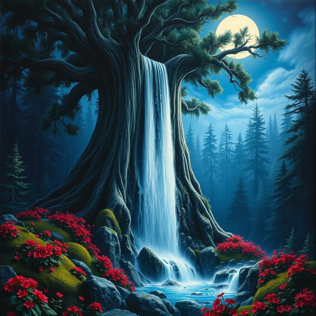 Majestic Tree Waterfall in Magical Moonlight, 3D Render