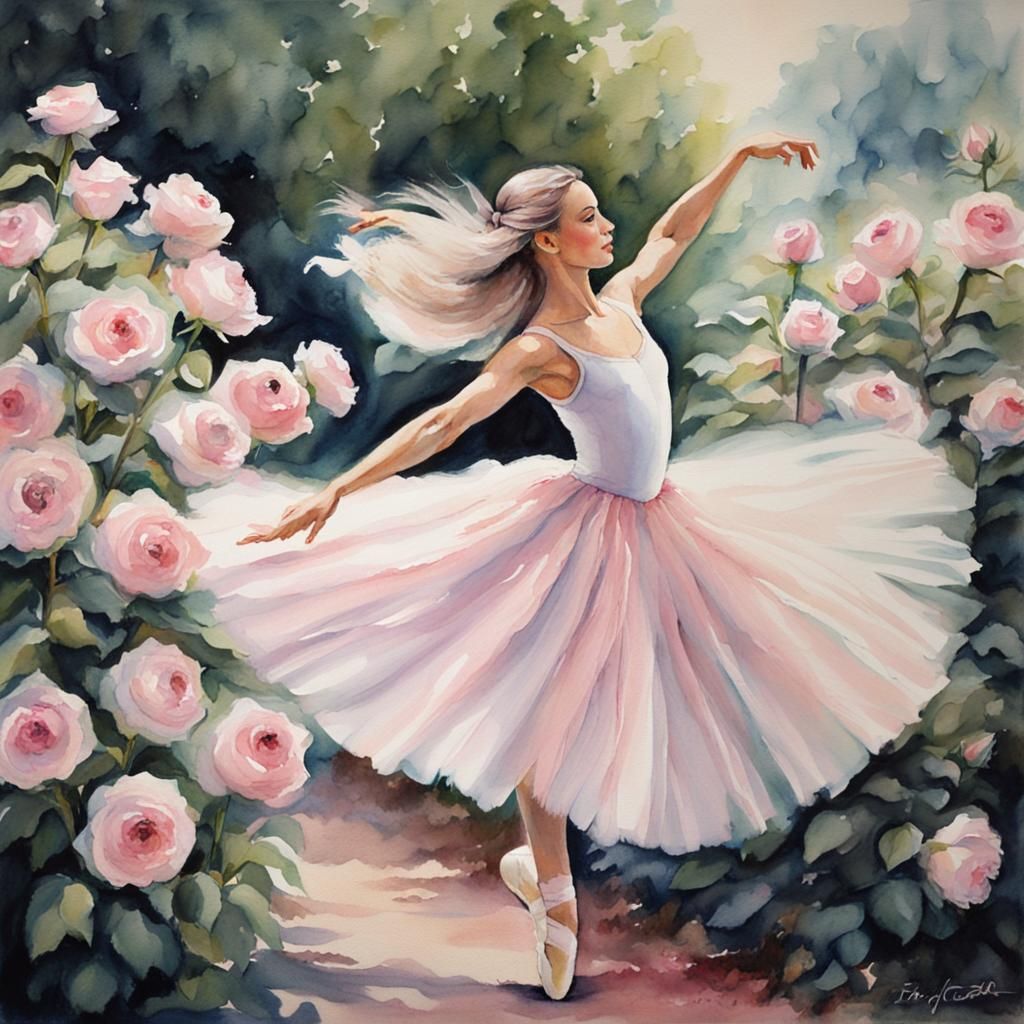 Ballerina Dancing in Rose Garden, Watercolor Impressionism