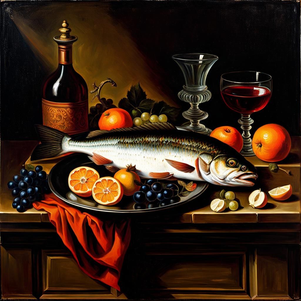 Baroque Still Life: Dead Fish with Fruit and Wine