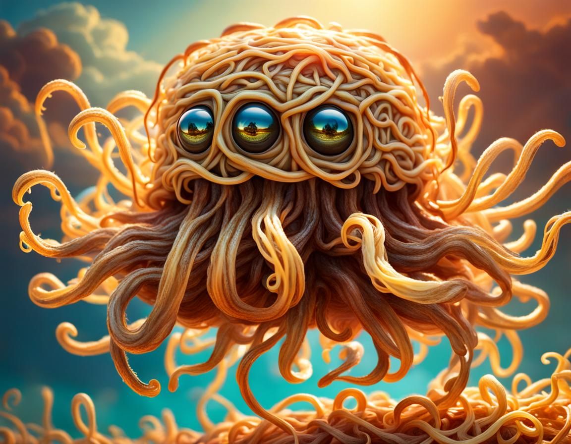 Hyperrealistic Flying Spaghetti Monster at Magic Hour