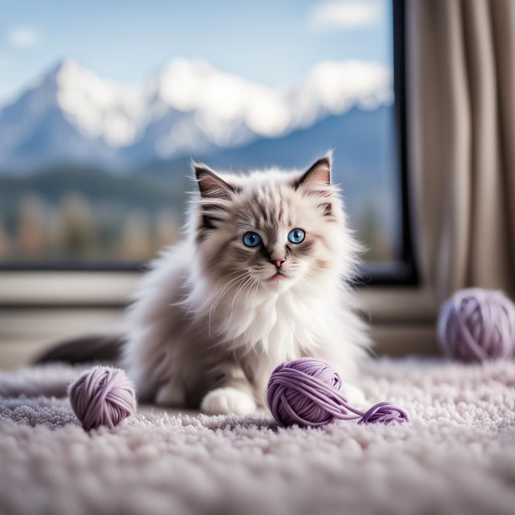 Ragdoll Kitten Plays with Yarn, Mountain View