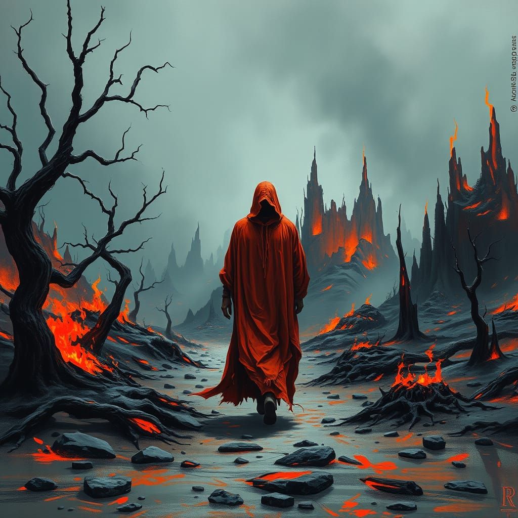 A Fiery Figure Walks Through a Twisted, Smoldering Hell