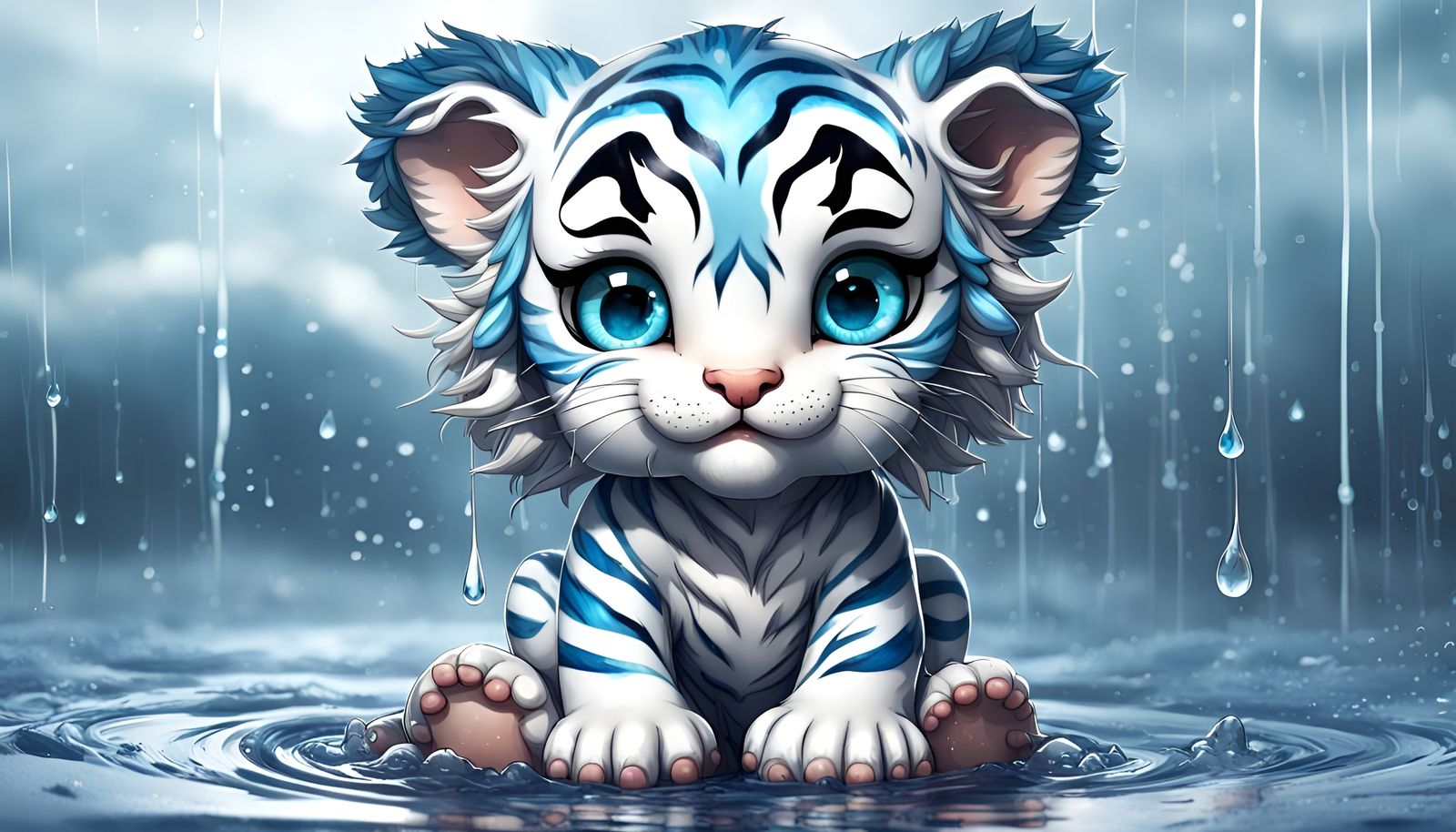 Adorable Chibi Tiger in Rainy Sky, Detailed 8K
