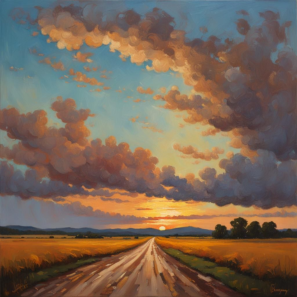 Sunset Over Field, Oil Painting in Gurney Style