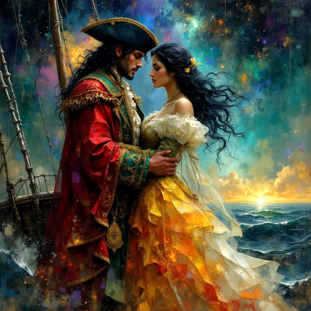 Pirate King and Queen on Ship, Impasto Oil Painting