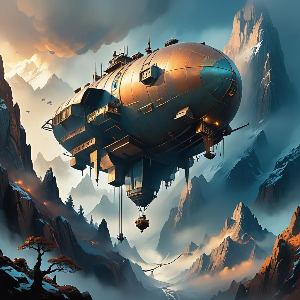 Dwarven Airship Over Misty Mountains, Sci-Fi Concept Art