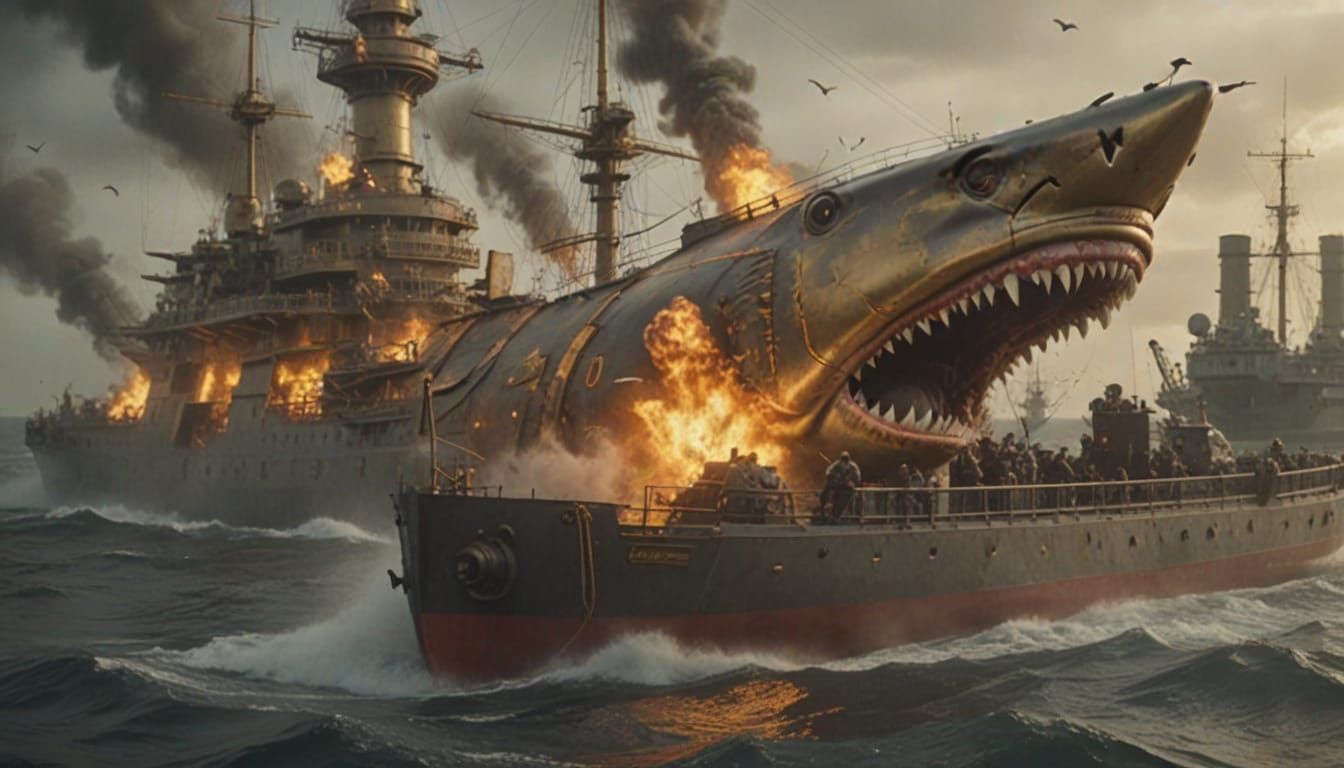 Steampunk Shark Battleship Attacks in Cinematic Style