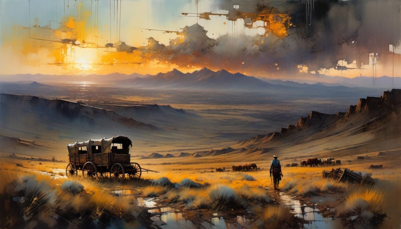 Great Plains Wagon at Sunset: Fine Art Painting