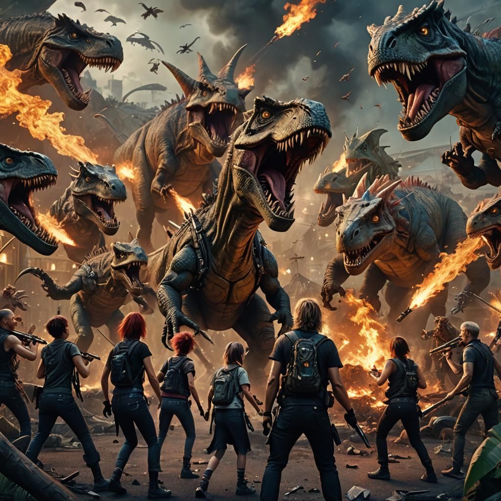 Chaotic Punk Dinosaur Battle Scene: Digital Matte Painting