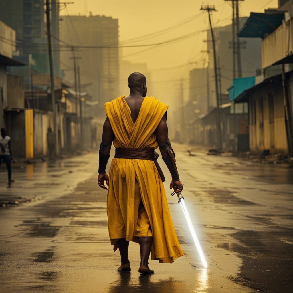 Jedi Knight Walks in Kinshasa During Storm