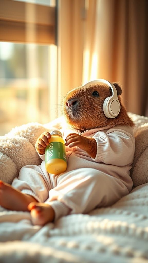 Capybara in Pastel Pajamas Relaxing with Headphones