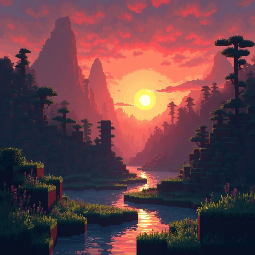 Blocky Minecraft Sunset in Cyberpunk Style