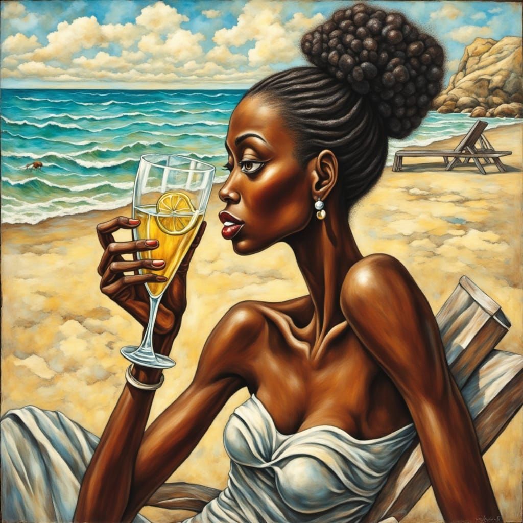 Expressionist Painting of Woman on Beach in Impasto Style