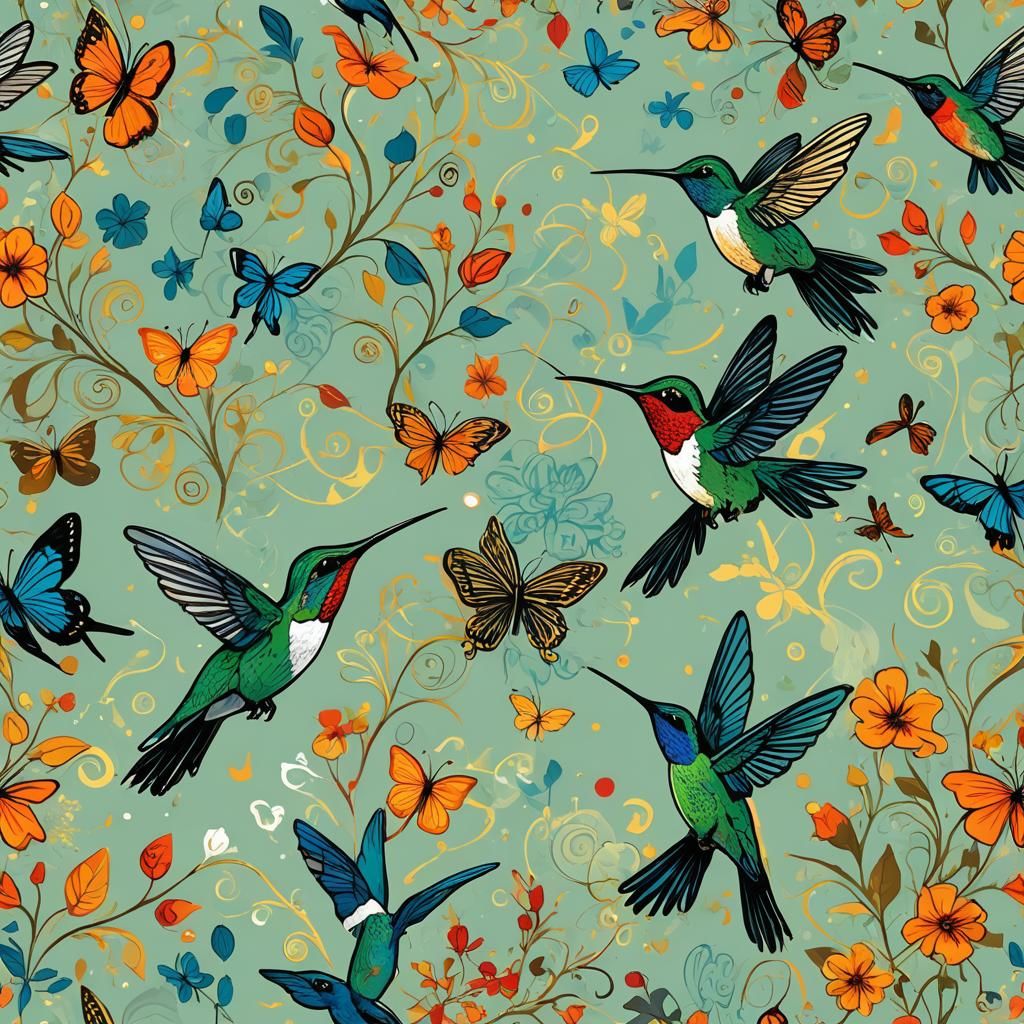 Hummingbird and Butterfly Dance in Abstract Art