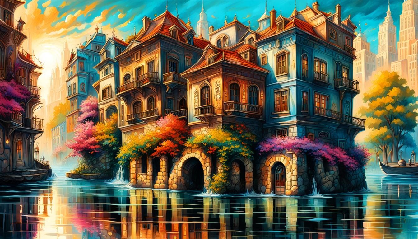 Polychromatic Water Reflections in Street Art Style