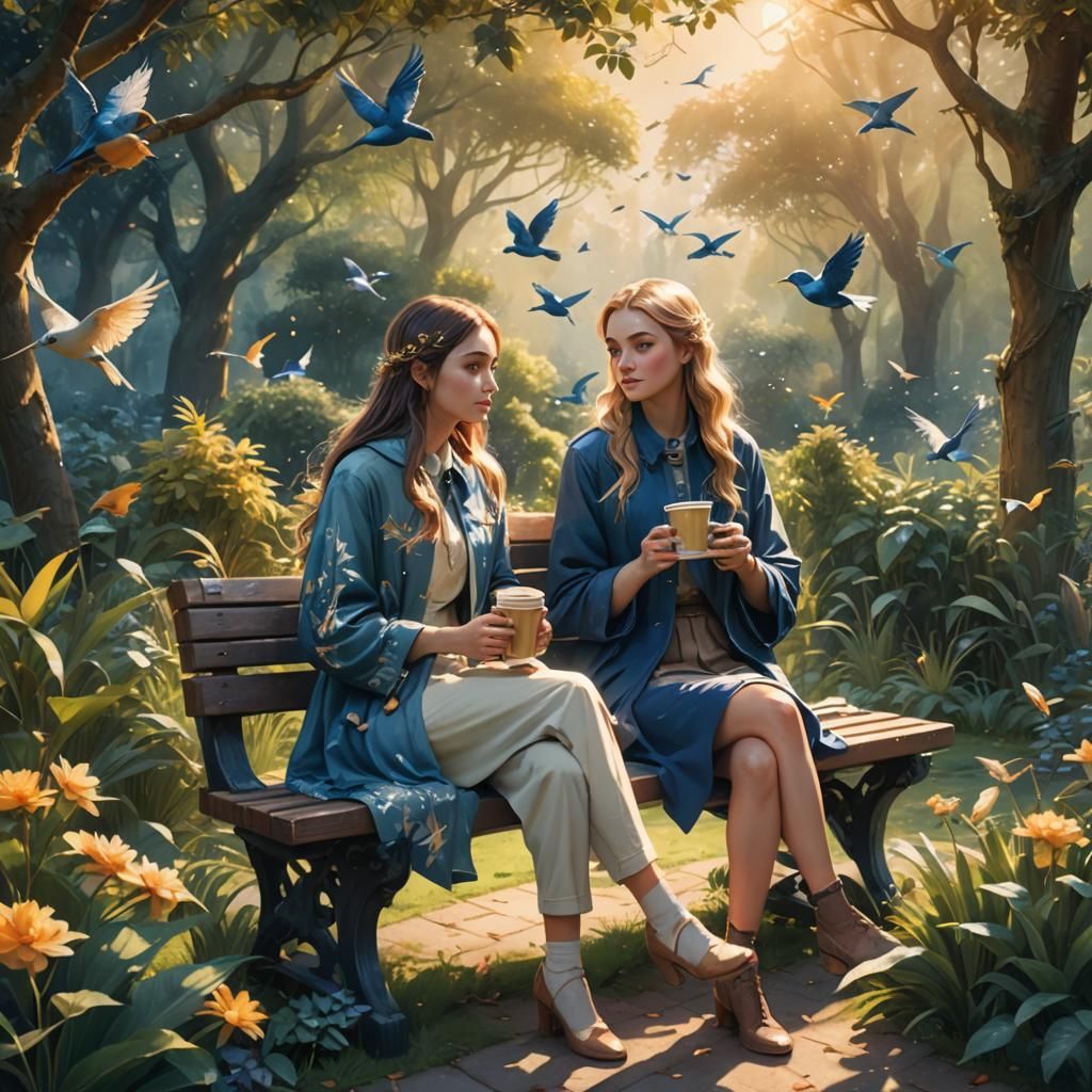 Girls in Garden with Birds: Watercolor Fantasy Art