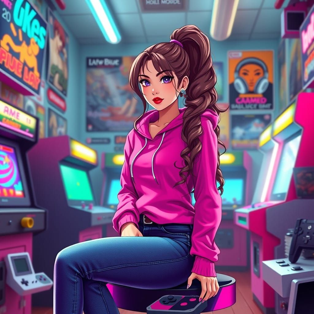 Pixelated Pin-Up Gamer Girl in Retro Arcade