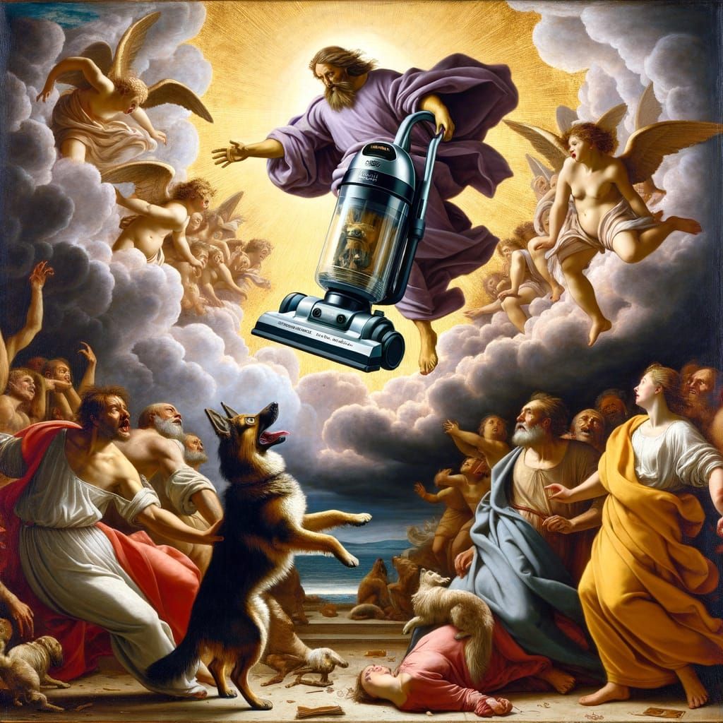 Renaissance Painting of Dog's Fear of Vacuum Cleaner
