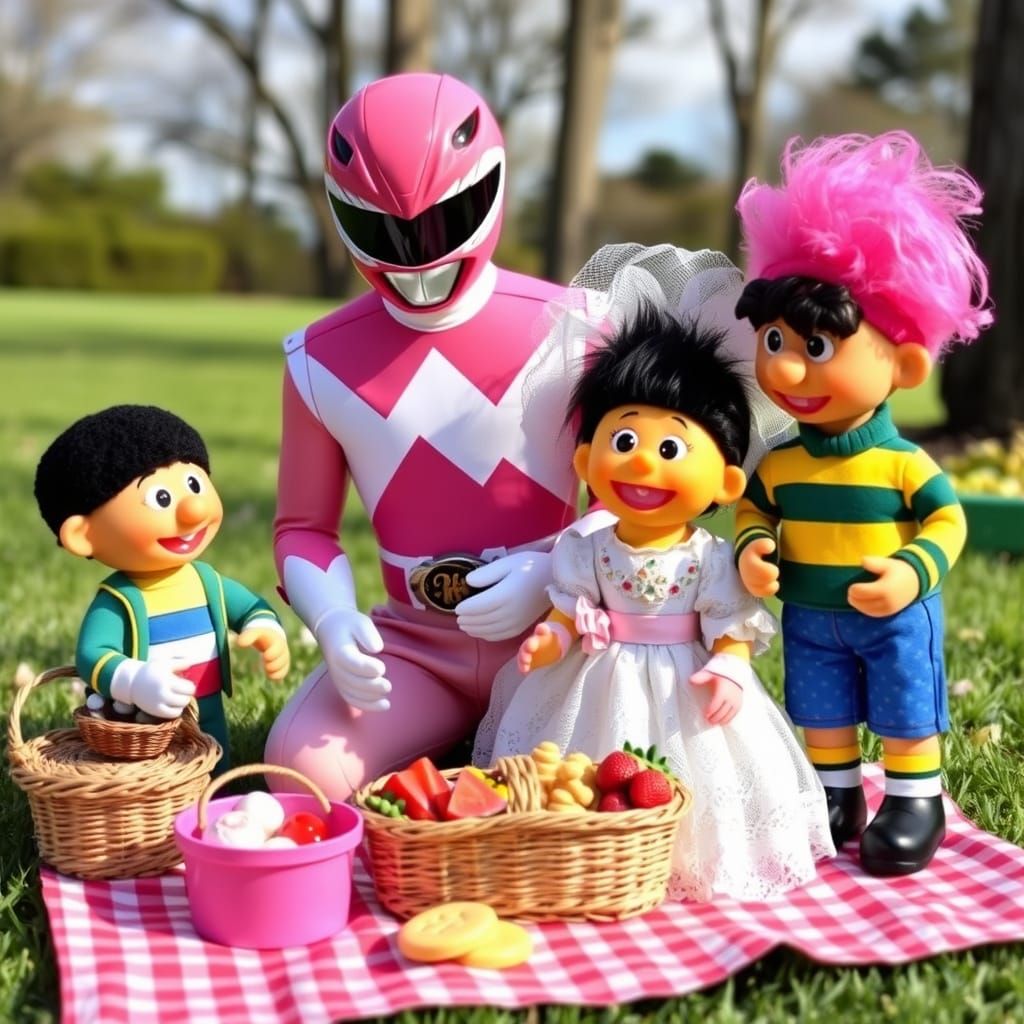 The Pink Mighty Morphin Power Ranger, Bert and Ernie from Sesame Street, and a Madame Alexander bride doll all have a pi...