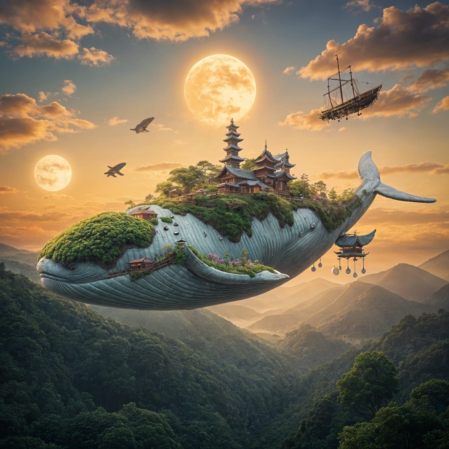 City on Giant Whale's Back Floats in Sky