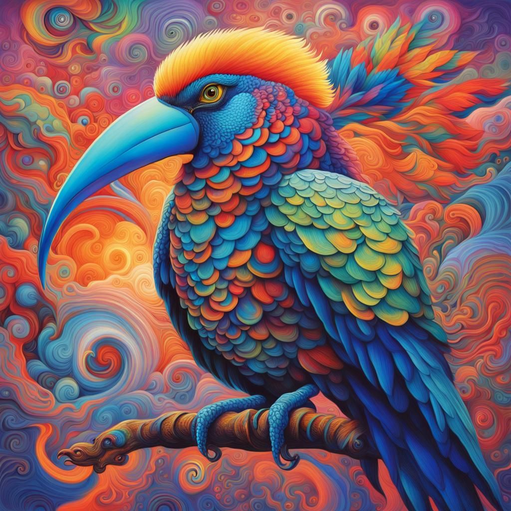 Exotic Birds on Clouds in Psychedelic Astral Dreamscape