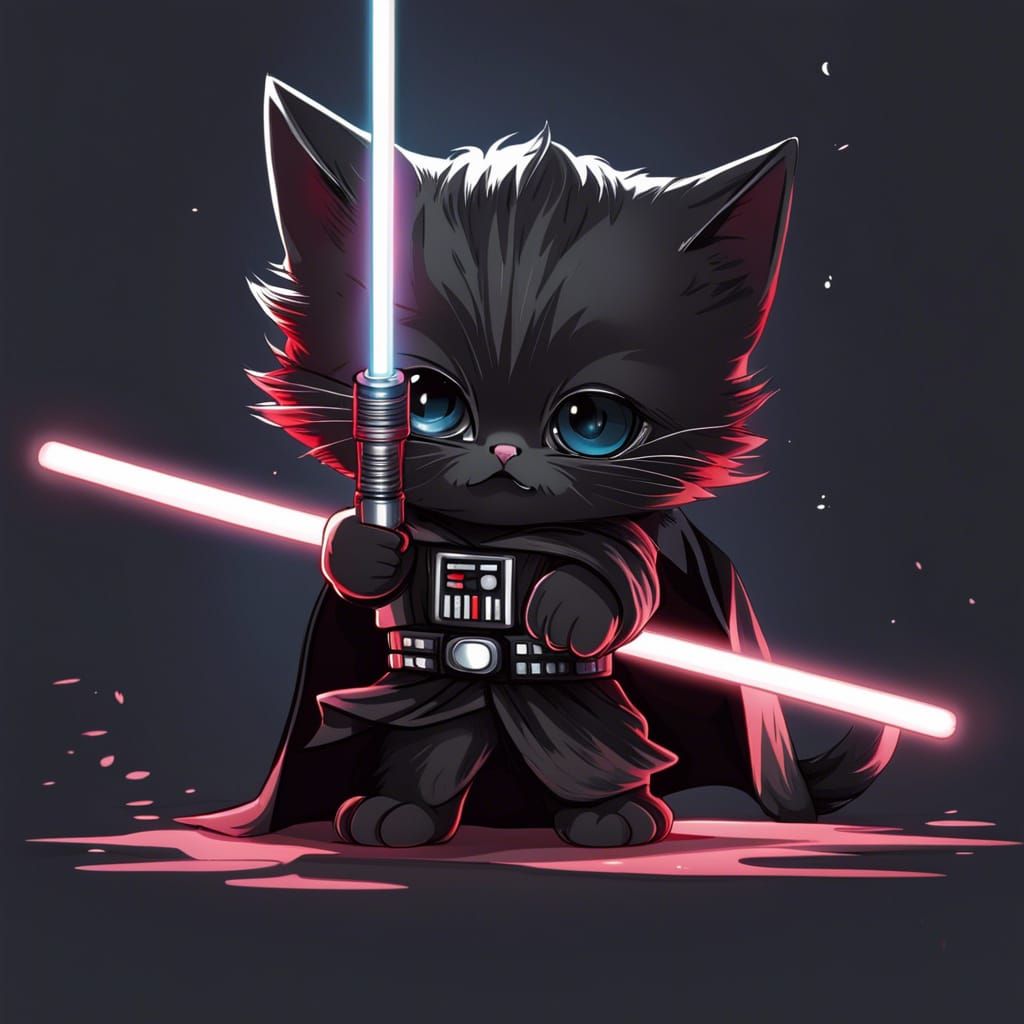 Kitten Darth Vader with Lightsaber, Anime Style