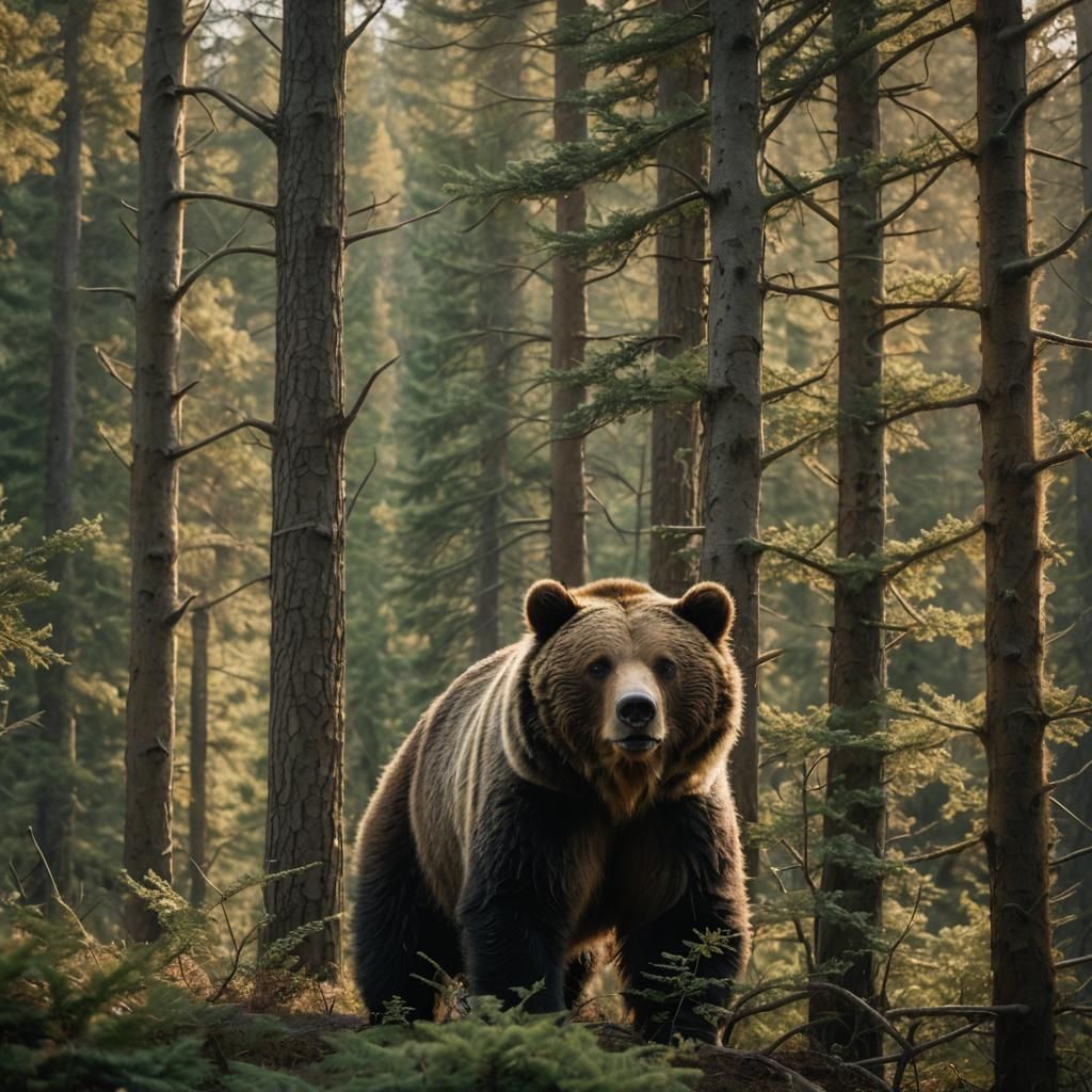 Grizzly Bear Climbing Trees in Golden Light